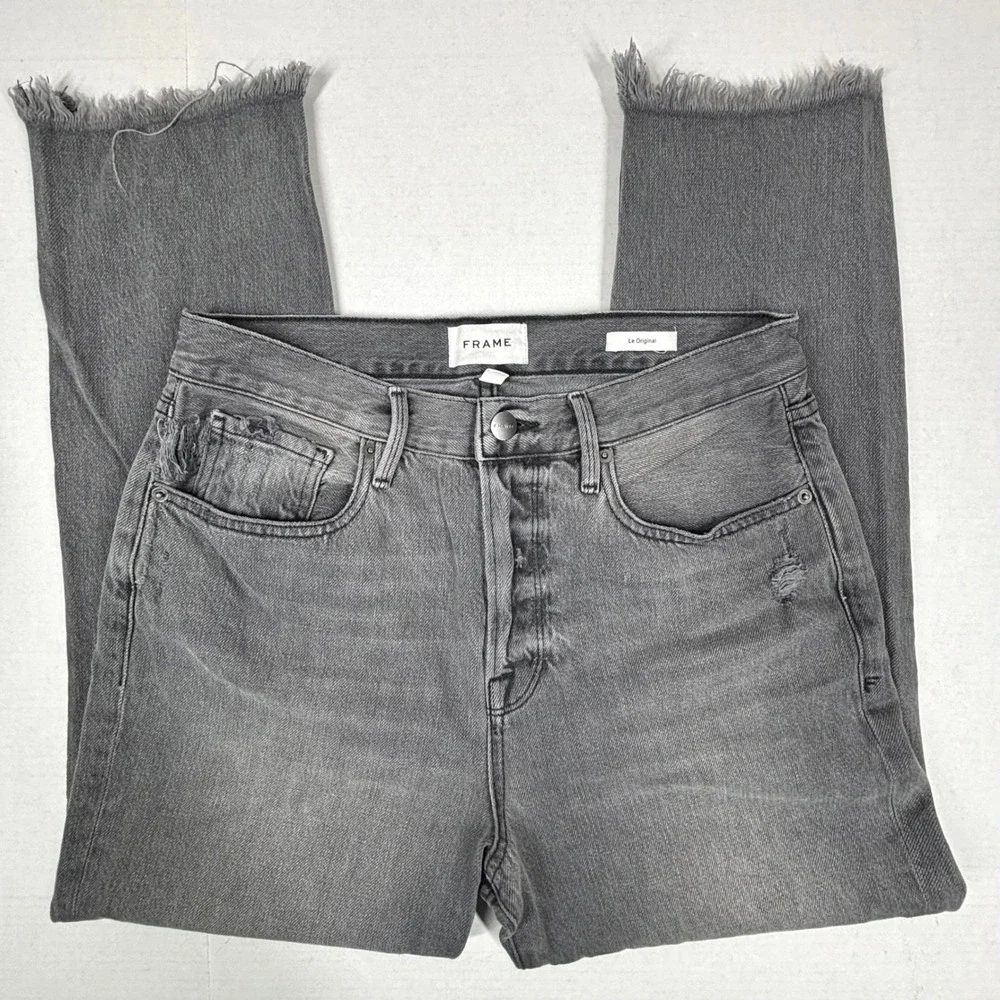FRAME Gray Distressed Jeans Womens 29 30X27 Frayed Hem Button Fly Cropped EUC - Picture 1 of 11